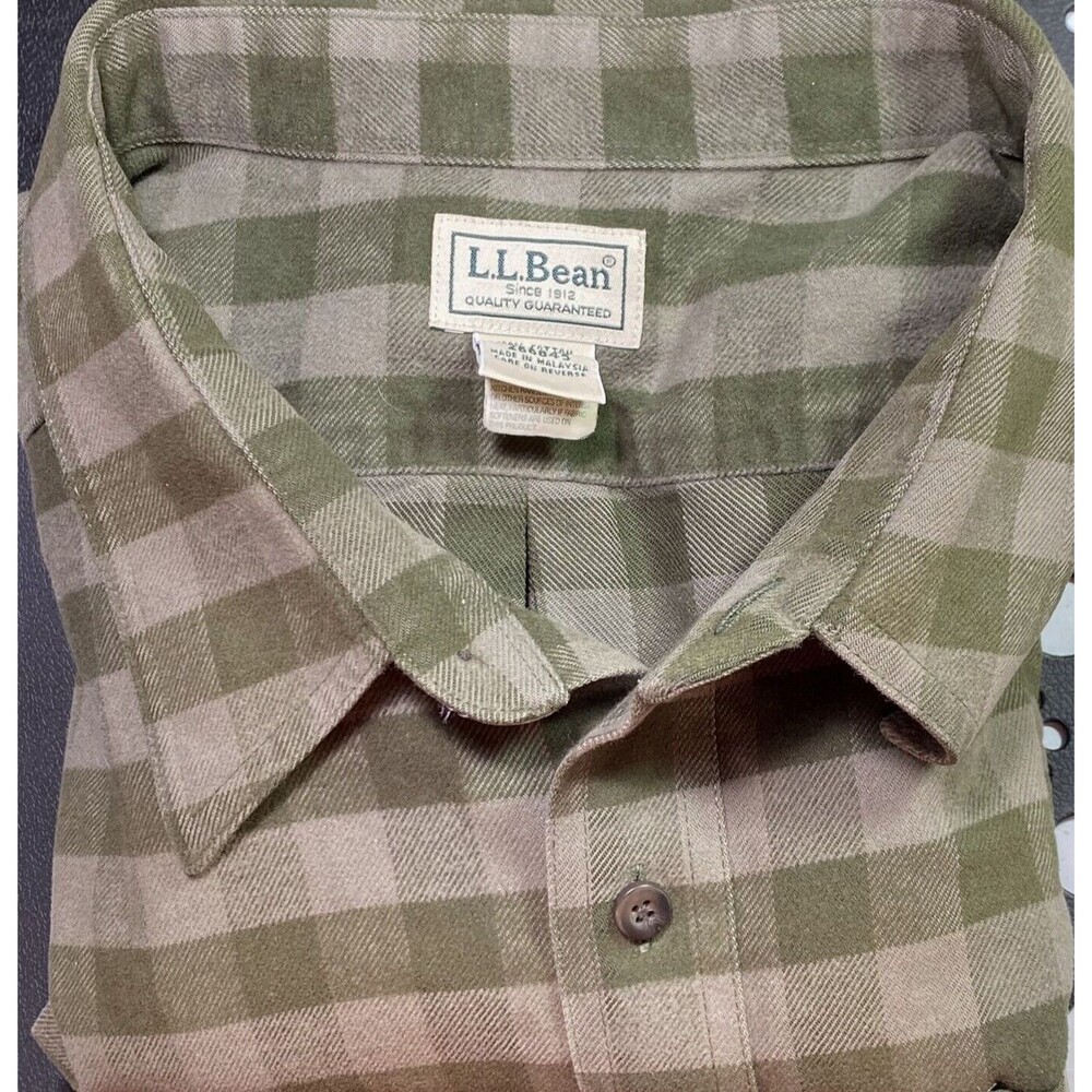 LL Bean Men's XXL Flannel Cotton Shirt Green Check Heavy Weave Button Up EUC - Picture 6 of 8